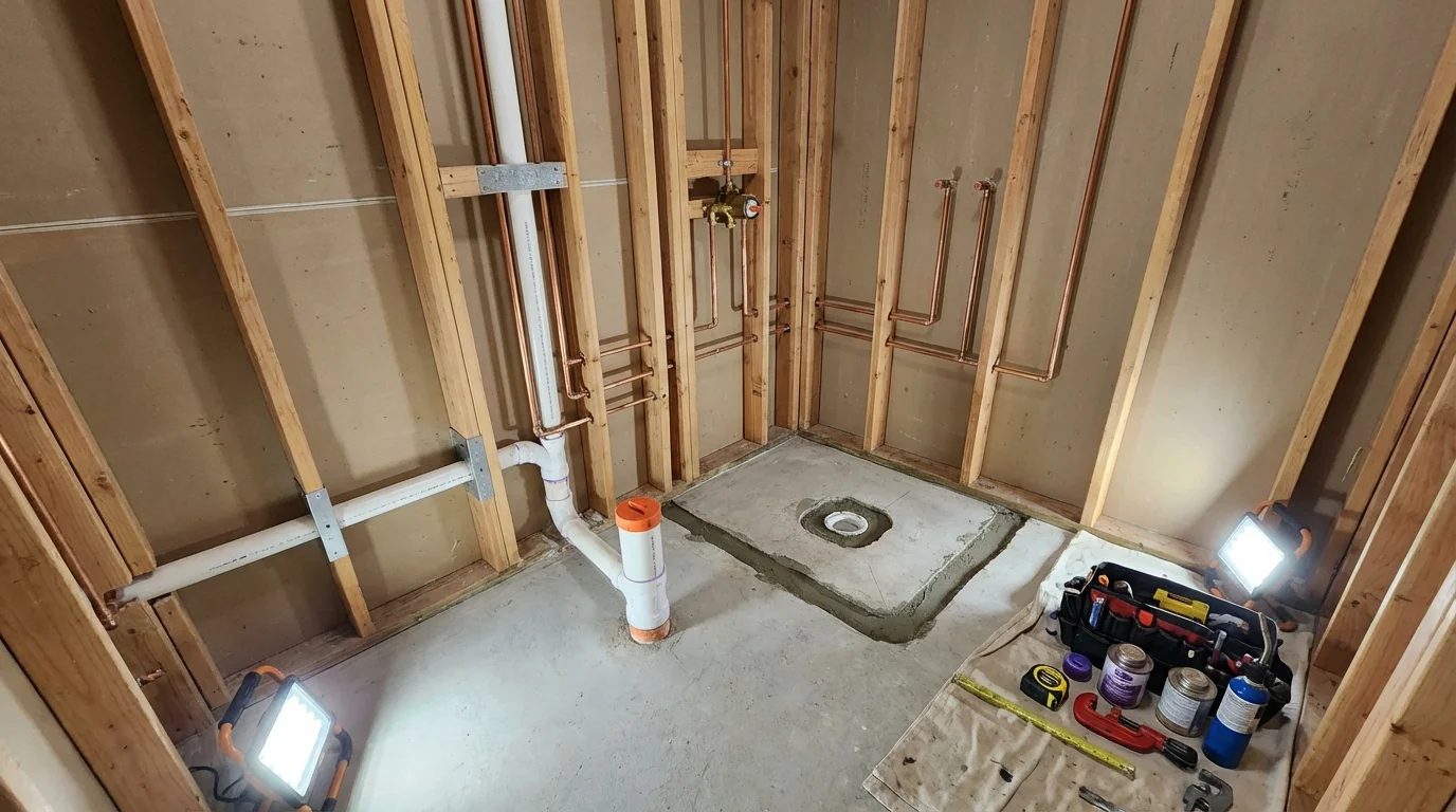 Bathroom rough-in plumbing during remodel by Johns Plumbing LLC in Susanville