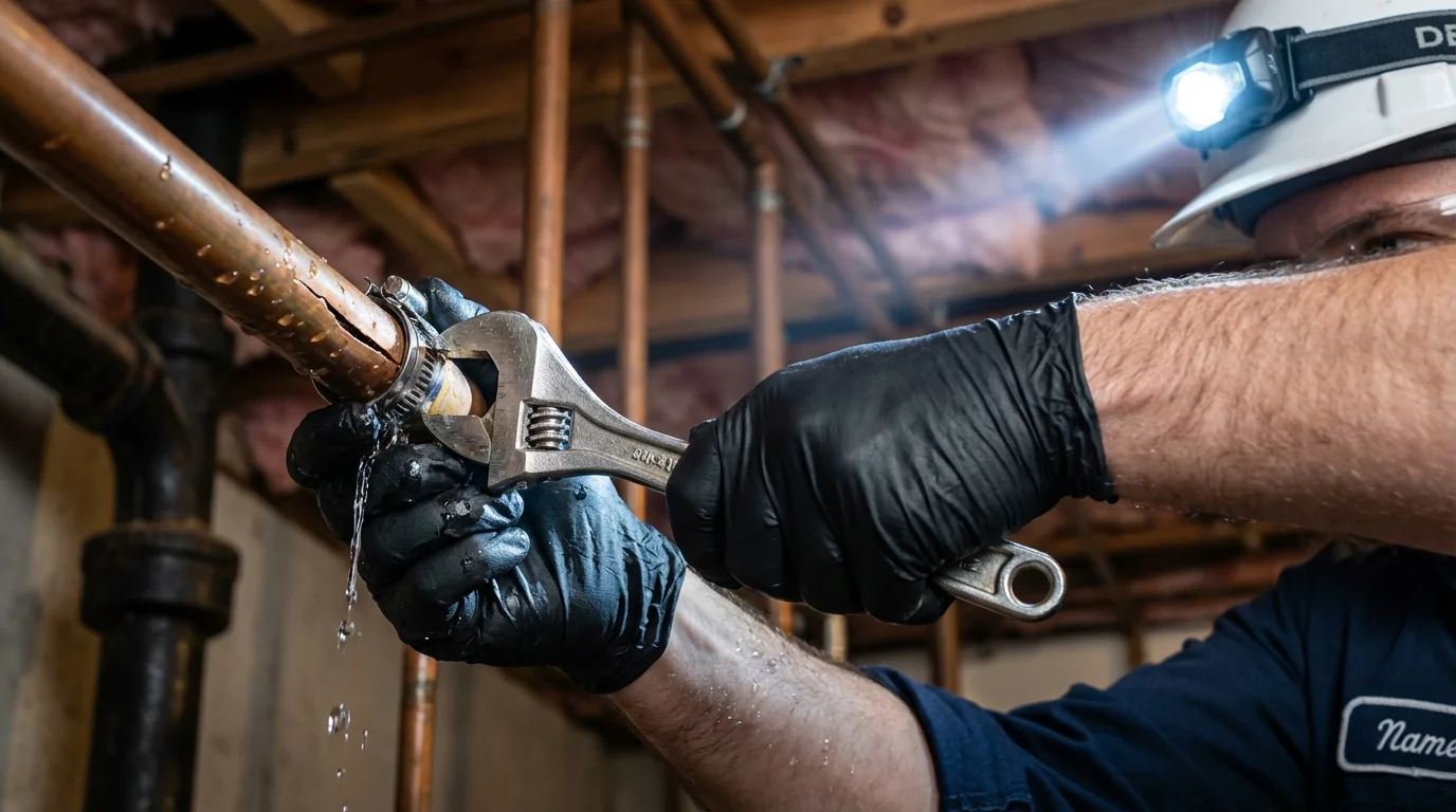 Emergency pipe clamp repair being performed by a Johns Plumbing LLC plumber in Susanville