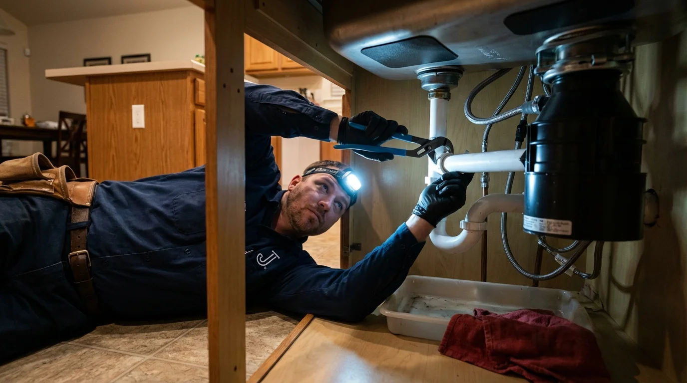 P-trap and supply line connections under a kitchen sink showing a common leak point in Susanville, CA